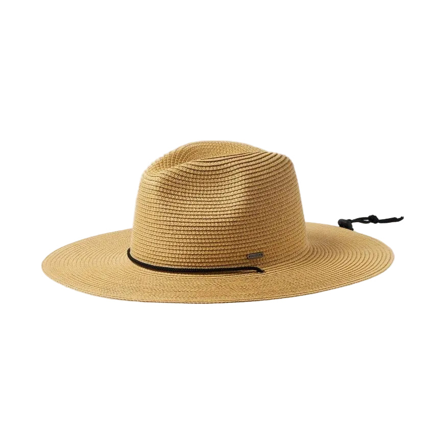 Beige straw hat with a black band on a white background