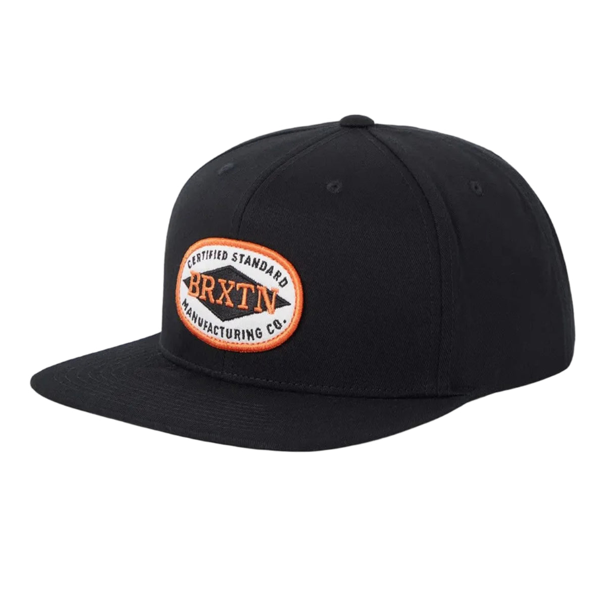 A black flat-brim baseball cap with a circular embroidered patch on the front that reads 'Certified Standard BRXTN Manufacturing Co.' in orange and white, set against a light gray background.
