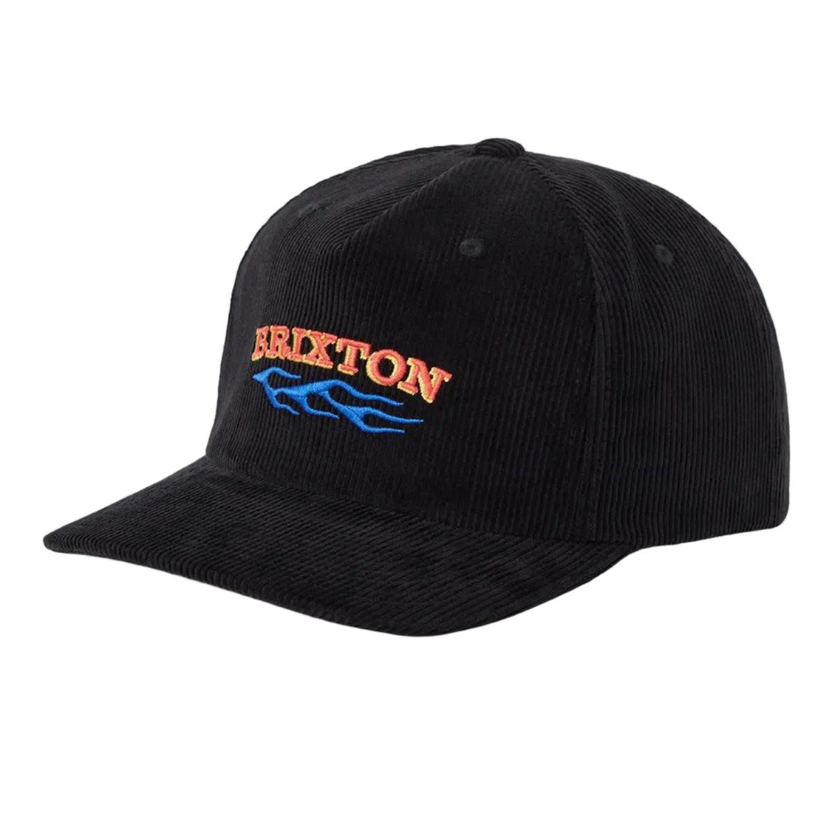 A black corduroy baseball cap featuring an embroidered 'Brixton' logo in orange with blue flame details on the front, set against a light gray background.