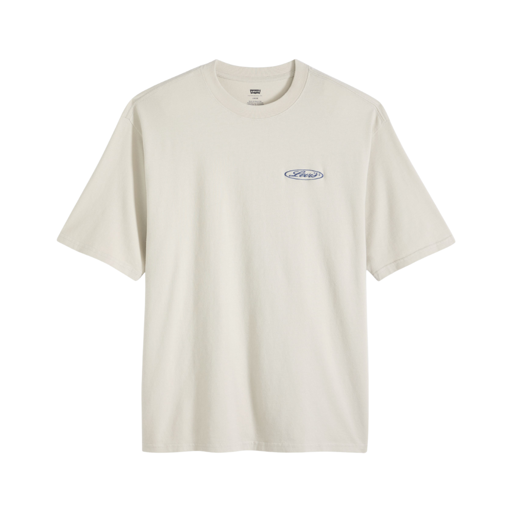 Beige t-shirt with a small logo on a white background