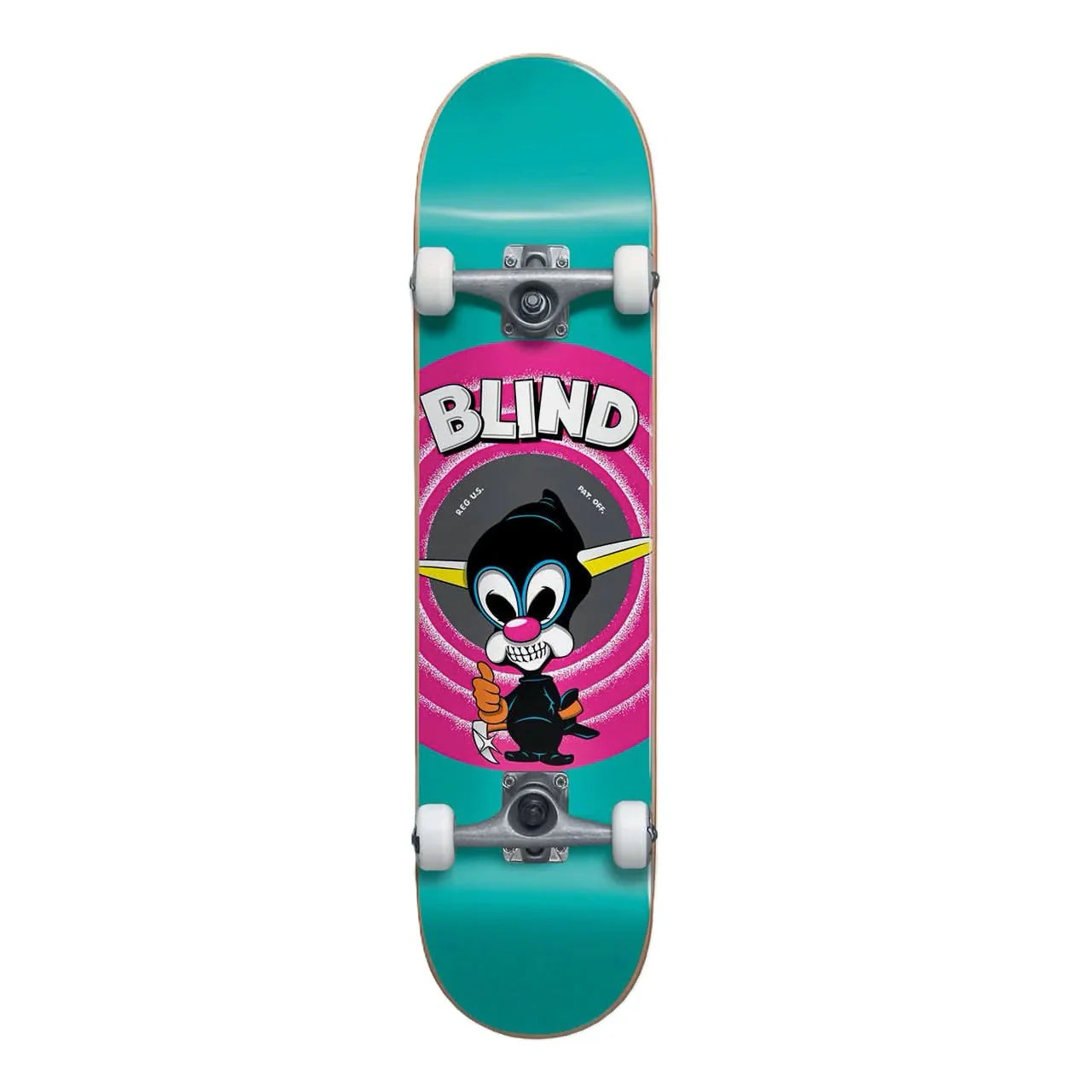 Skateboard with a cartoon character design and 'Blind' branding on a white background