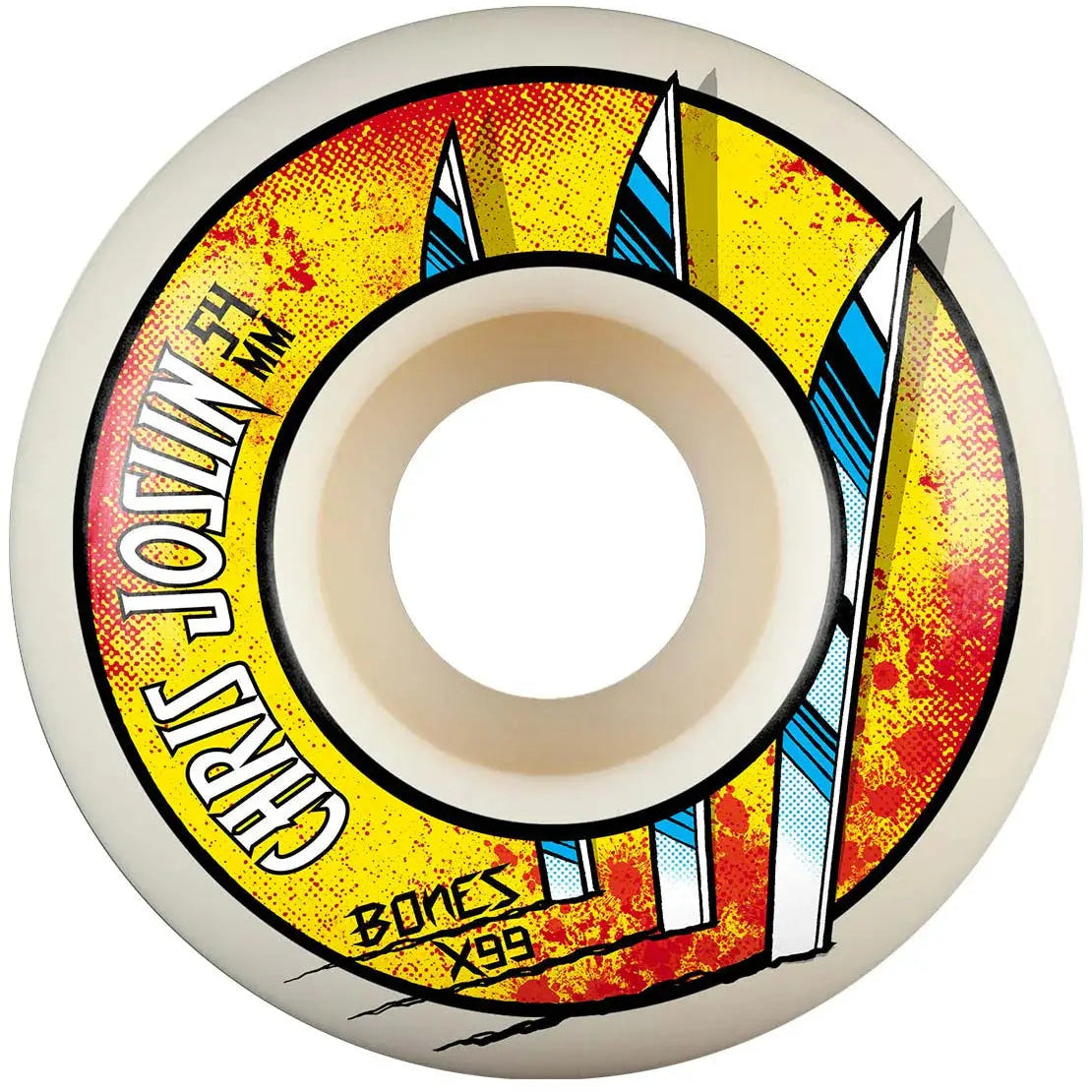 Skateboard wheel with colorful design and text on a white background