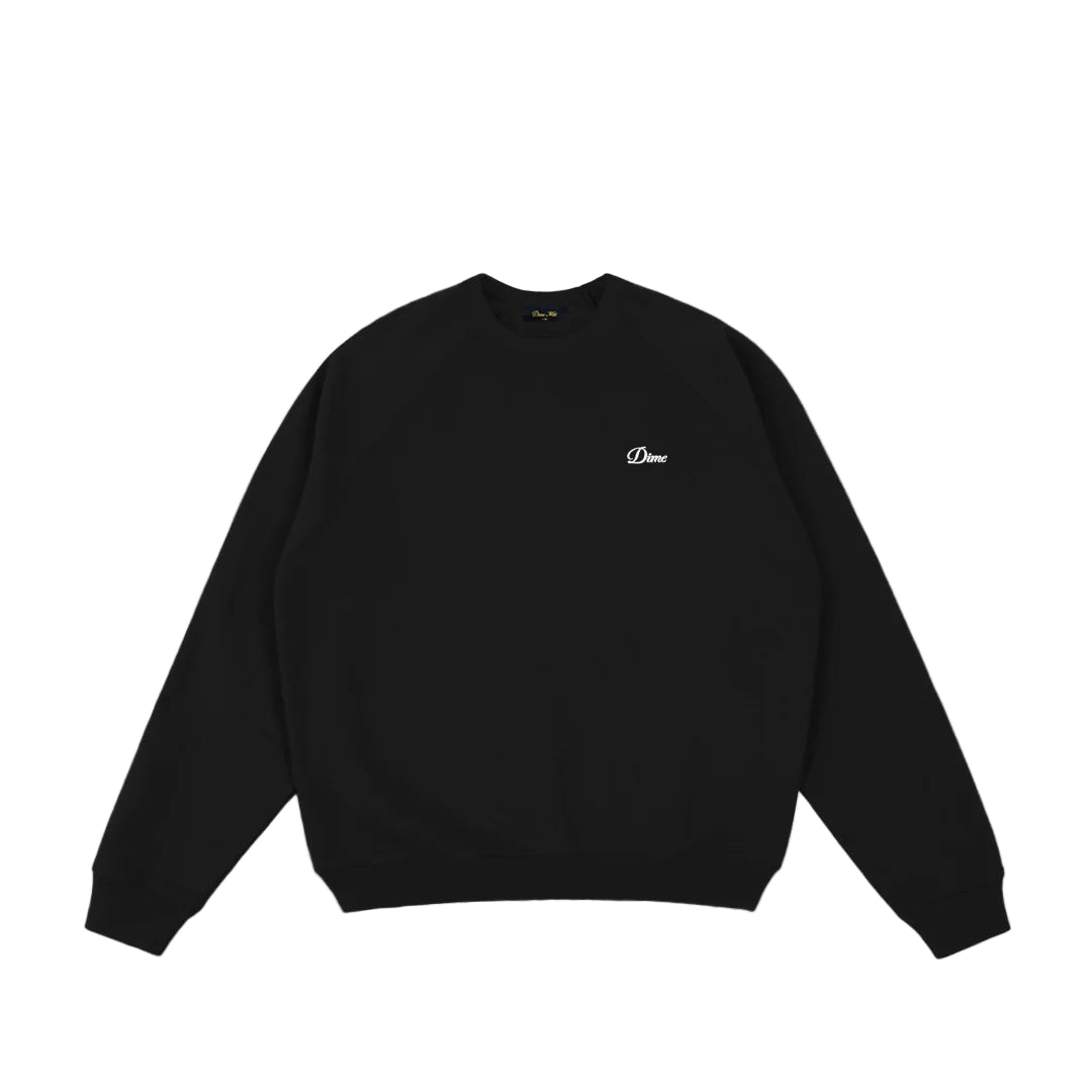 Black sweatshirt with a small white logo on a light gray background
