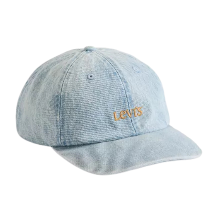A light blue denim baseball cap with the brand name 'Levi's' embroidered in orange on the front, set against a plain white background.