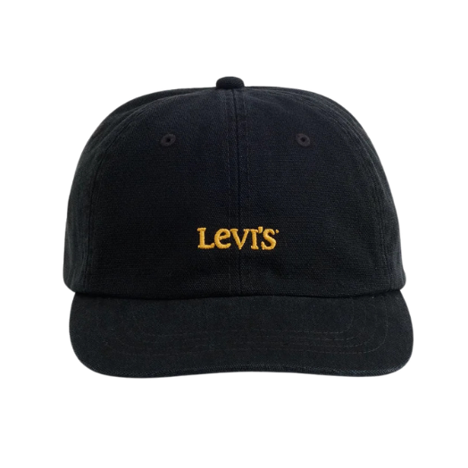 A black cotton baseball cap with the word 'Levi's' embroidered in gold on the front, shown against a plain white background.