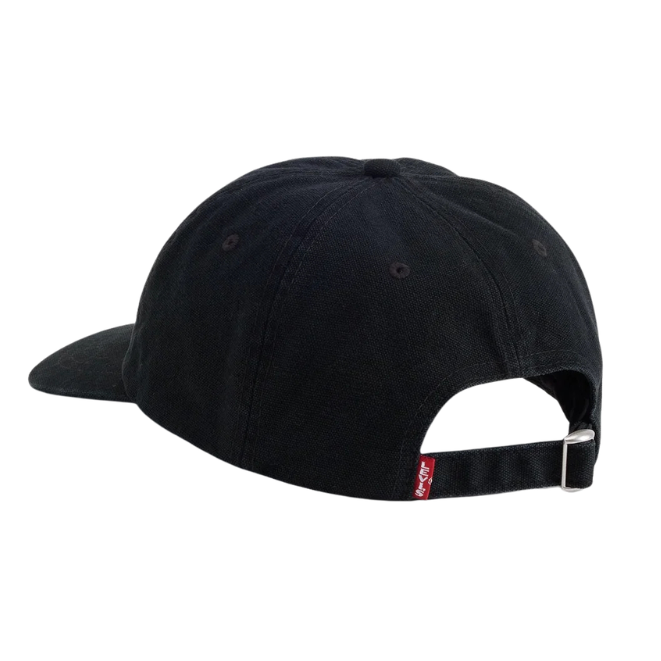 A black baseball cap shown from a side-back angle on a plain white background, featuring an adjustable fabric strap with a small red and white brand tag.