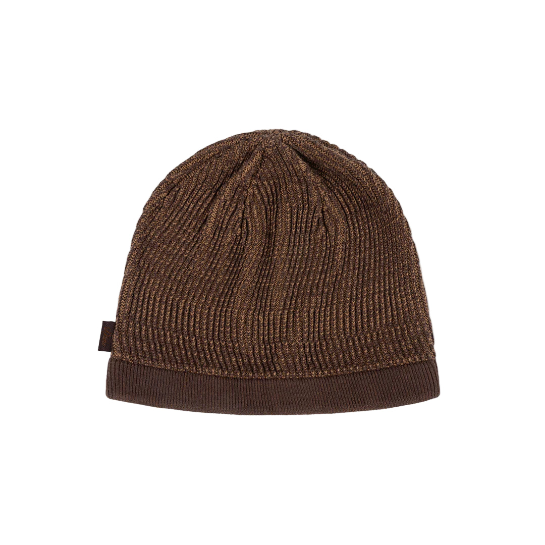 Brown knit beanie on a light beige background
