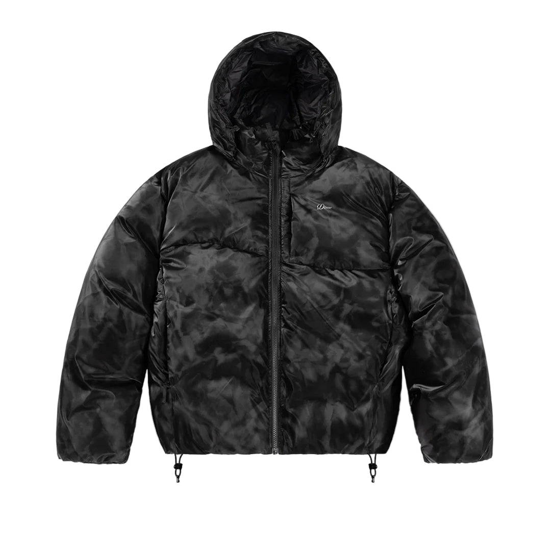 Black puffer jacket with a hood on a light gray background