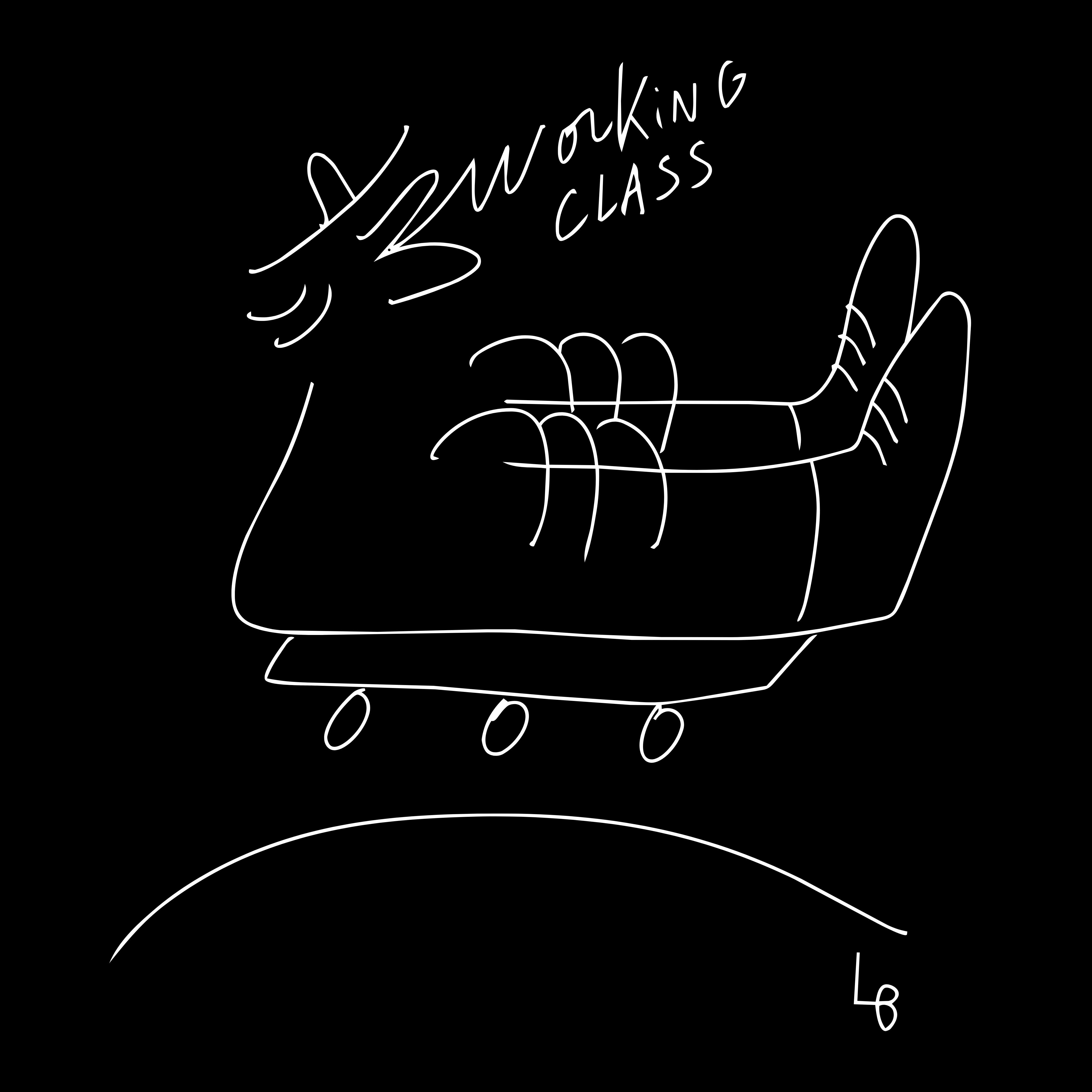 A minimalist black-and-white line drawing on a black background, showing a stylized seated figure with the words 'WORKING CLASS' above and a curved line below, plus an 'L6' mark in the lower right.