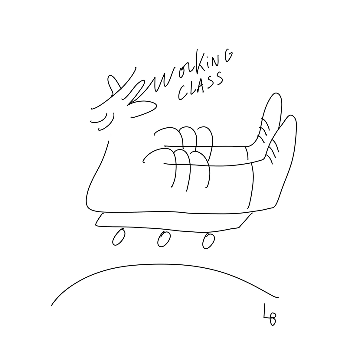 A minimalist black line drawing on a white background, showing a stylized hand with the words 'WORKING CLASS' above it and a curved line with the number 16 below.