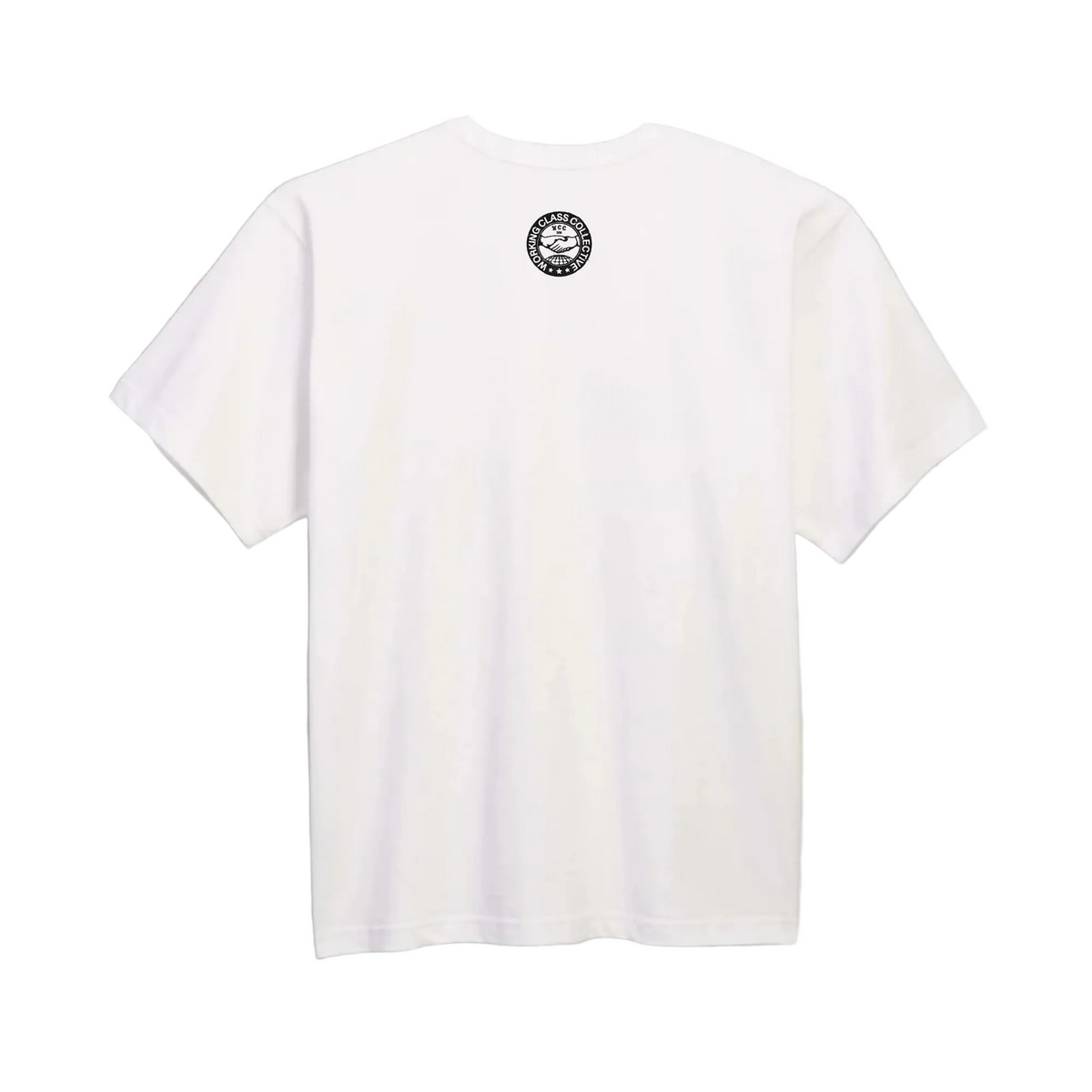 A white short-sleeve crewneck t-shirt shown from the back, featuring a small circular black graphic printed on the upper center back, set against a solid gray background.