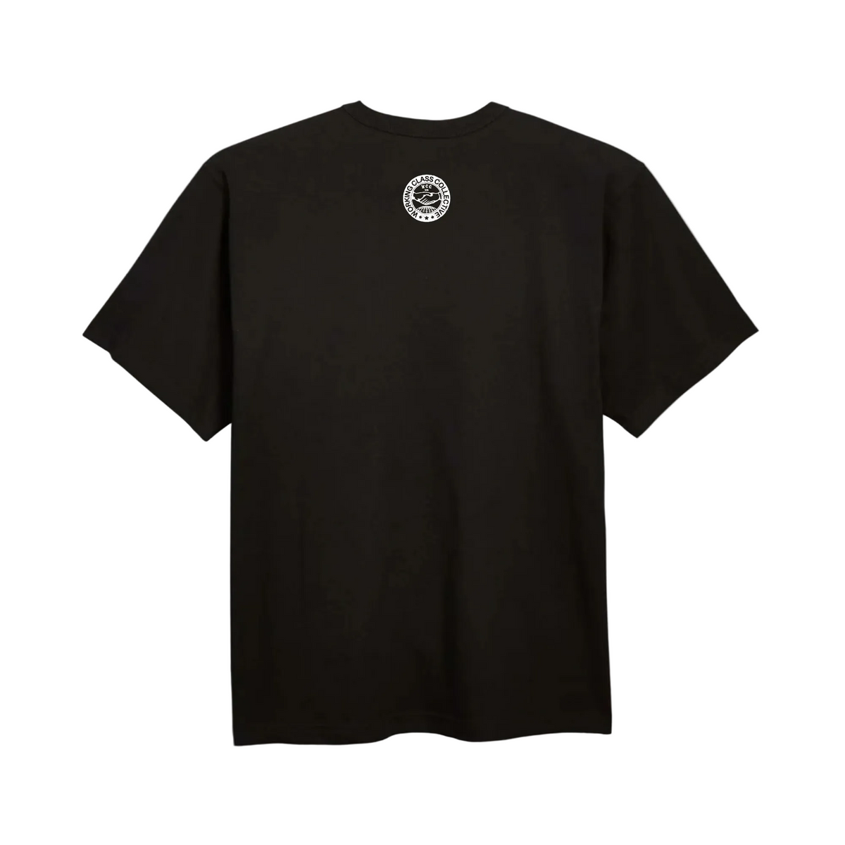 A black short-sleeve crewneck t-shirt with a small circular white graphic printed on the upper chest, displayed against a solid gray background.