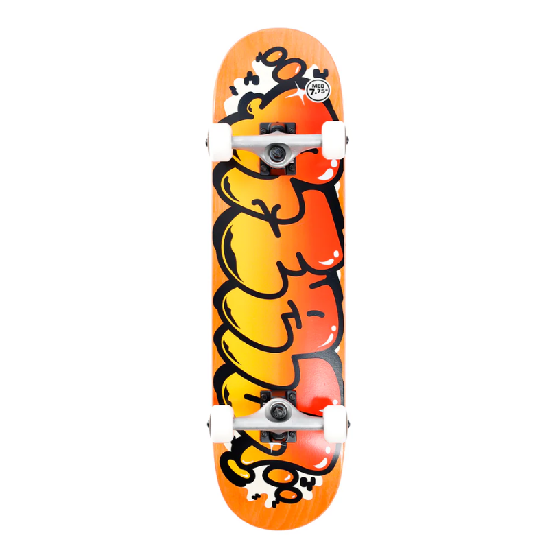 Skateboard with orange and black design on a white background