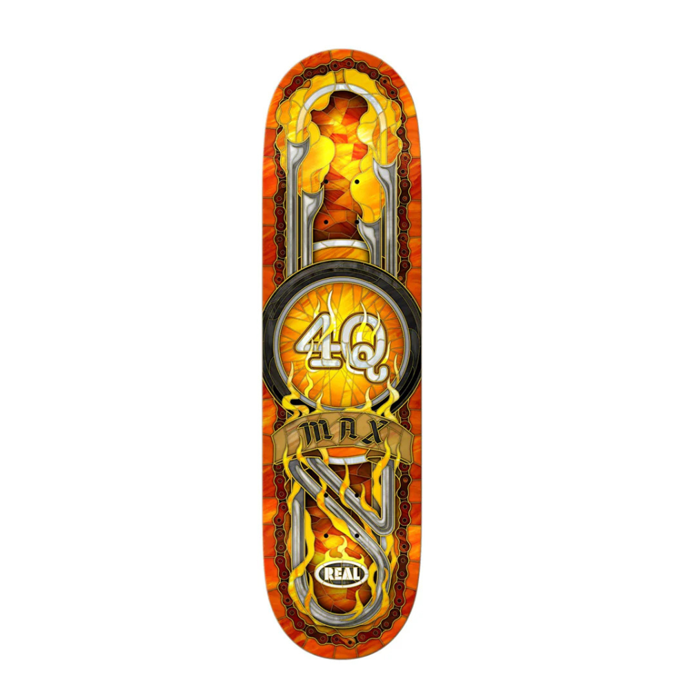 Skateboard deck with flame design and 'Real' branding on a white background