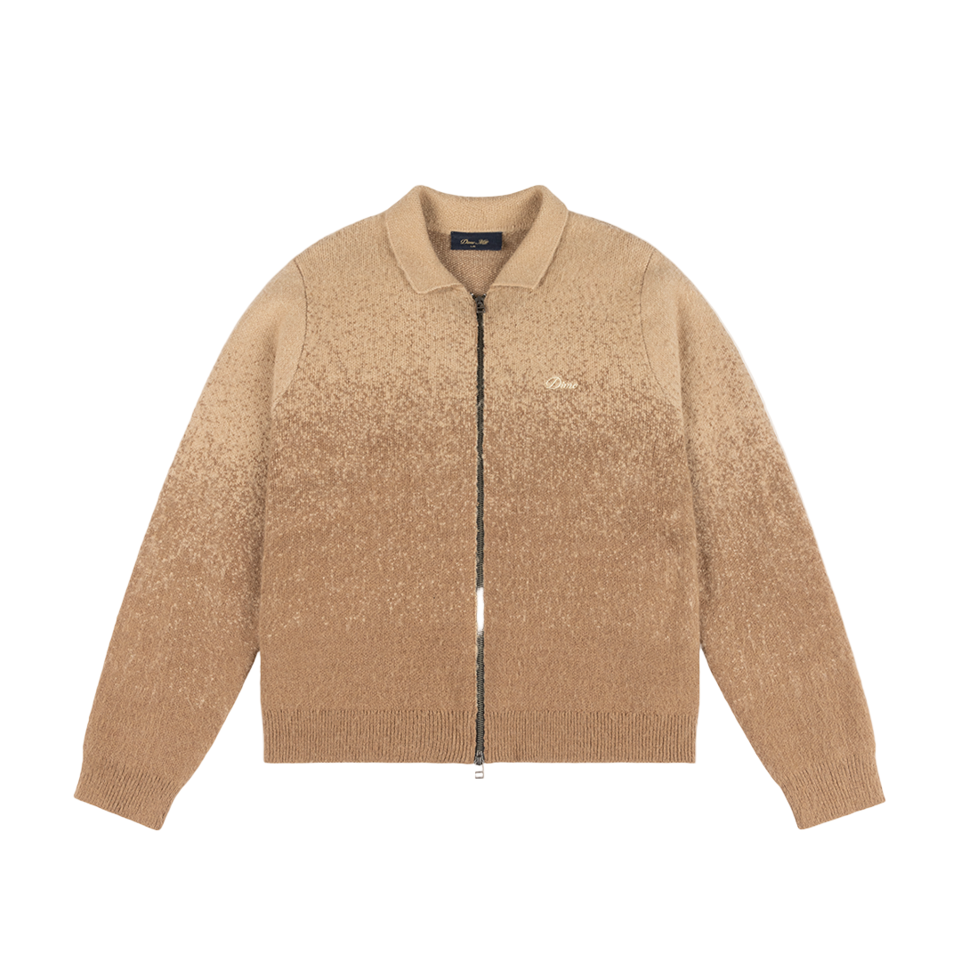 Beige knitted cardigan with a zipper on a light gray background