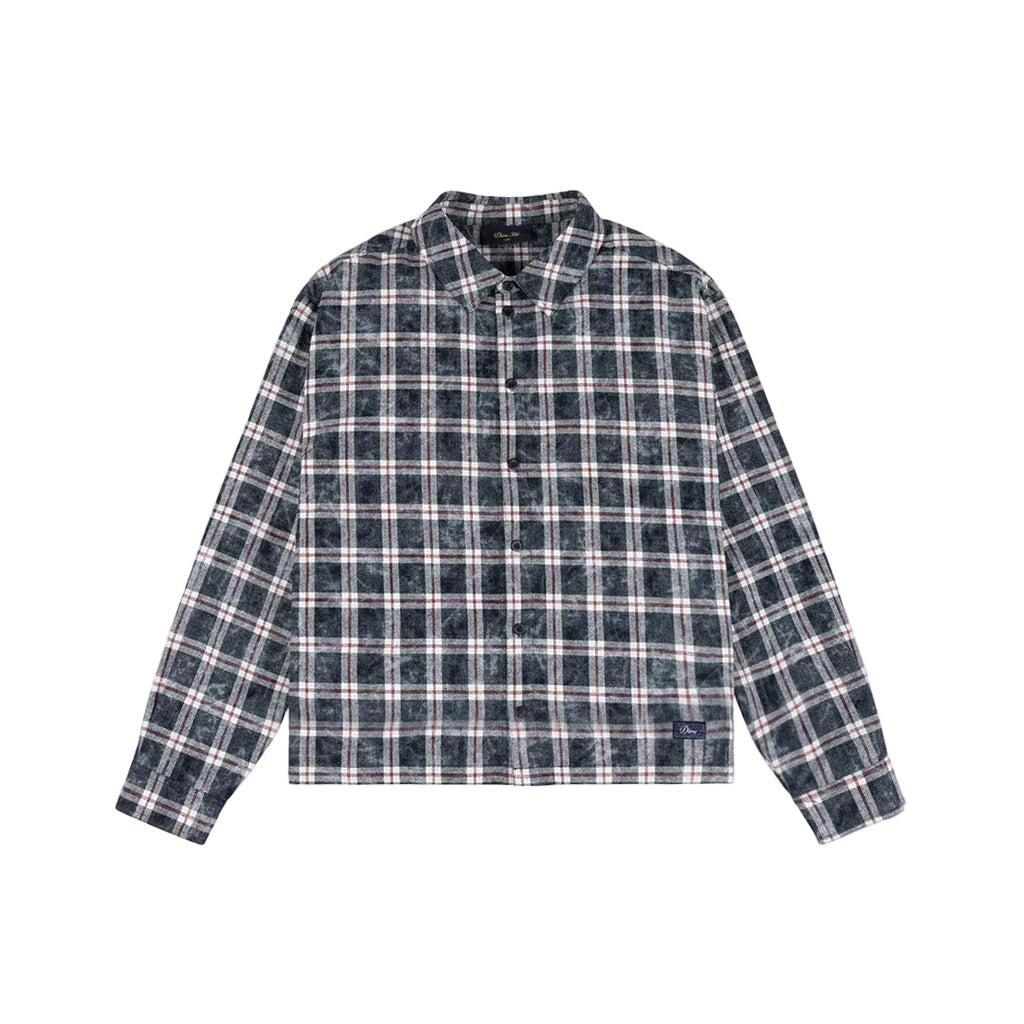 Plaid shirt with blue and white pattern on a light gray background