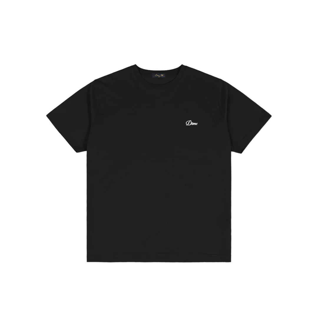 Black t-shirt with a small white logo on a light gray background