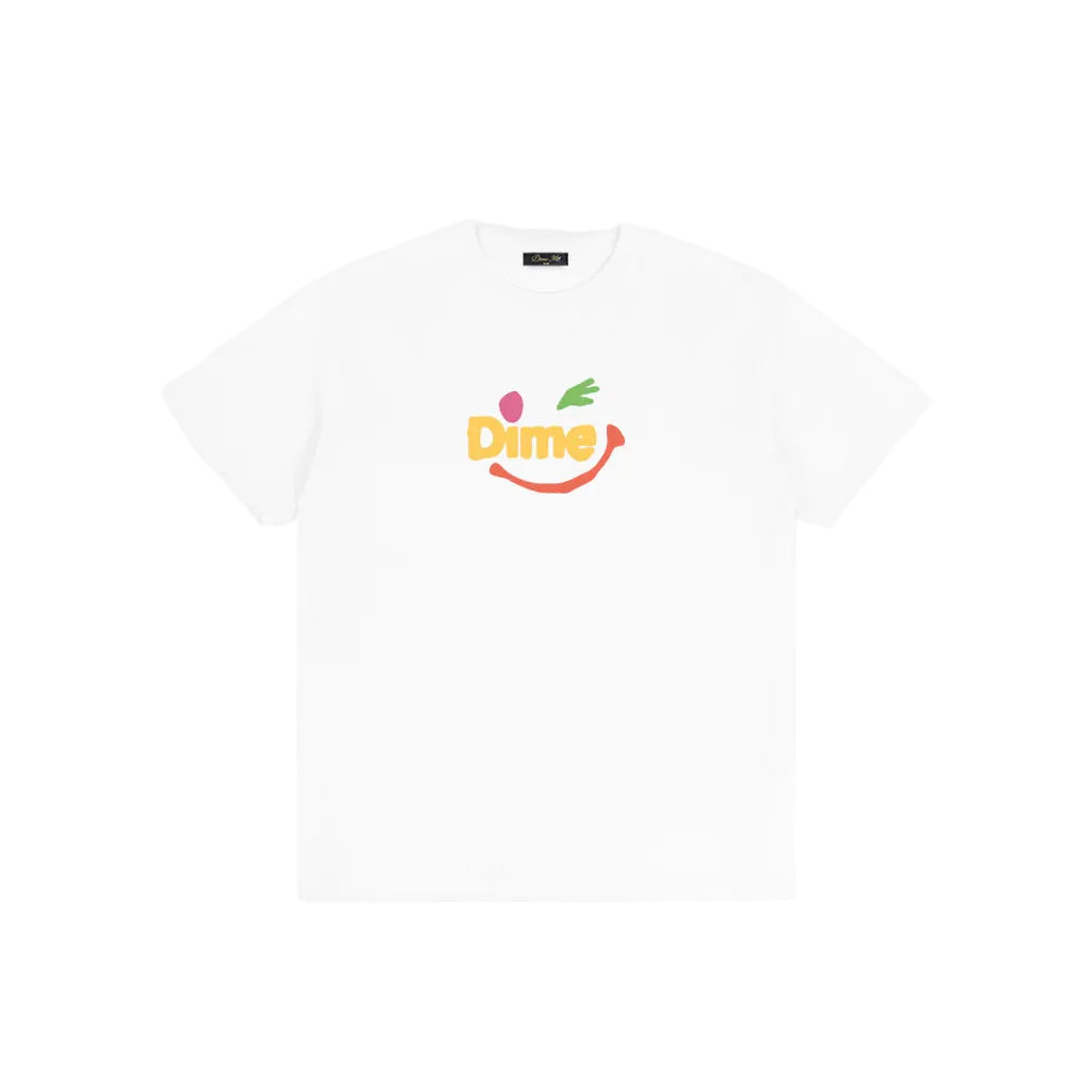 White t-shirt with colorful logo on a white background