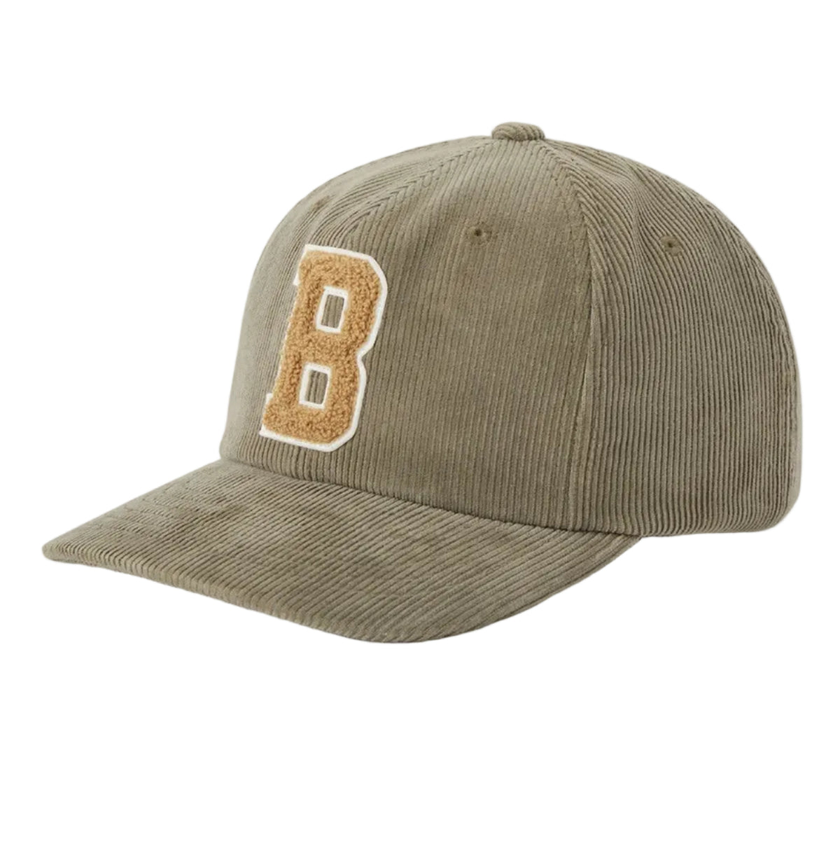 A corduroy baseball cap in a muted olive-tan color, featuring a large embroidered letter 'B' patch on the front with a white border.