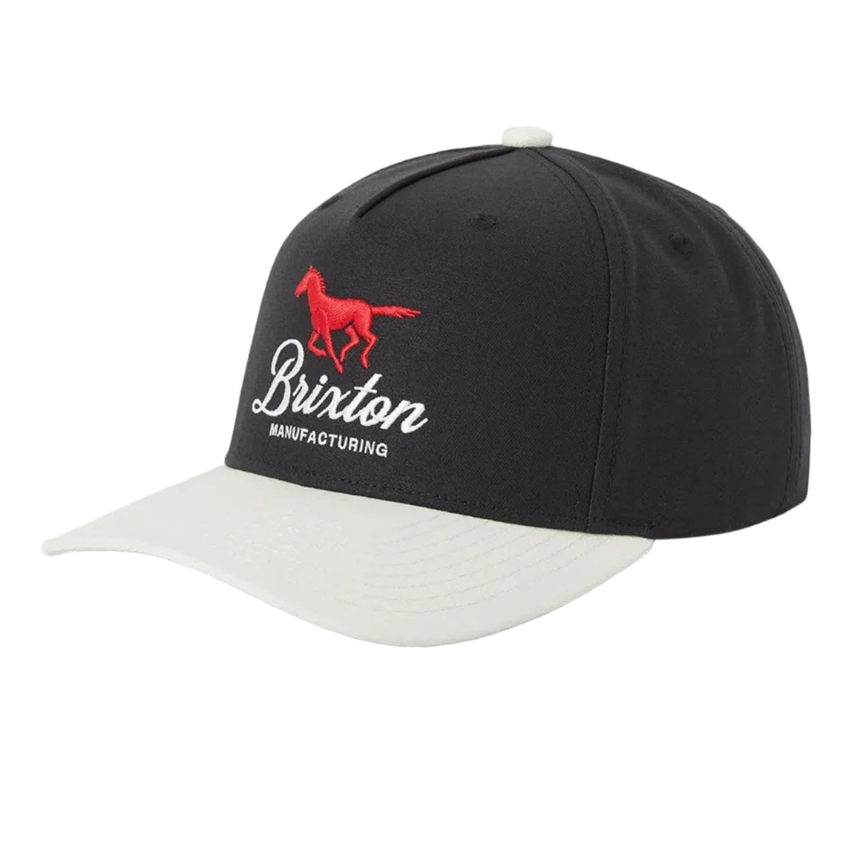 A black and white baseball cap featuring a red horse logo and white 'Brixton Manufacturing' text on the front panel, set against a light gray background.