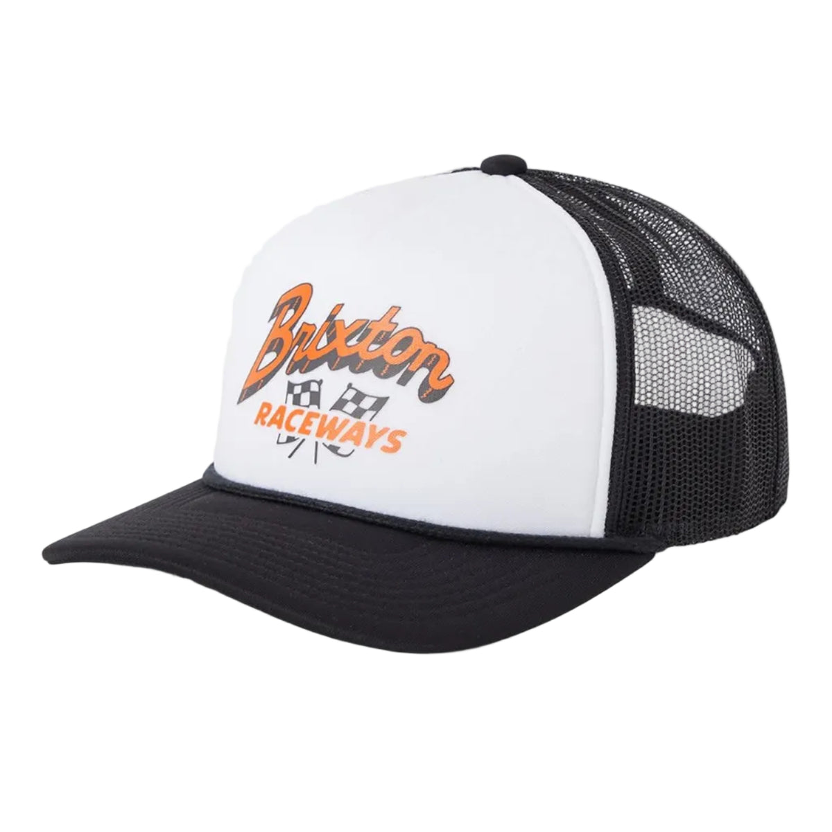 A black and white trucker hat with a curved black brim, featuring a white front panel and black mesh back. The front panel has a graphic logo that reads 'Brixton RACEWAYS' in orange and black with a checkered flag motif.