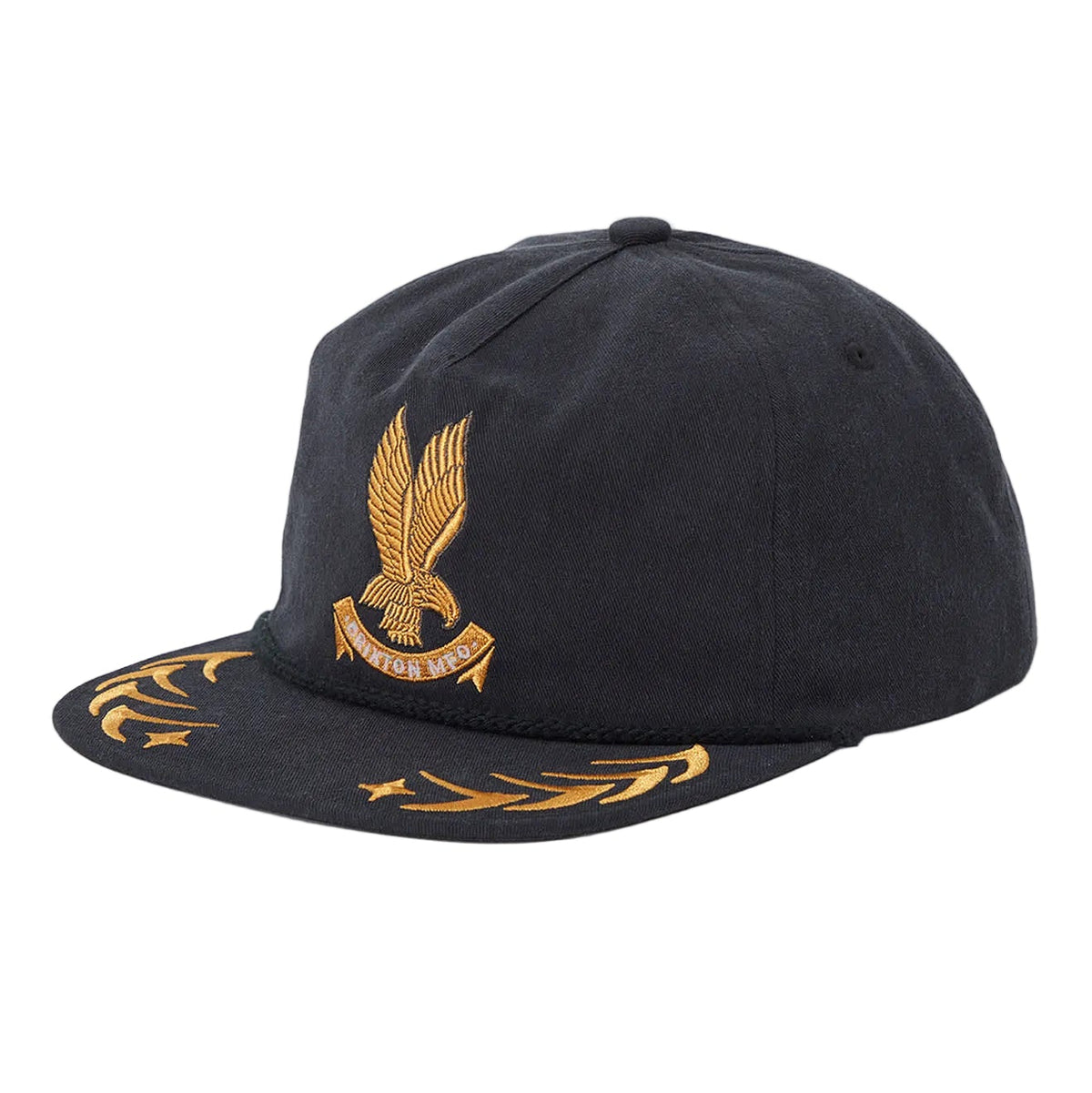 A black flat-brim baseball cap featuring a gold embroidered eagle crest on the front and gold decorative embroidery on the brim, set against a light gray background.