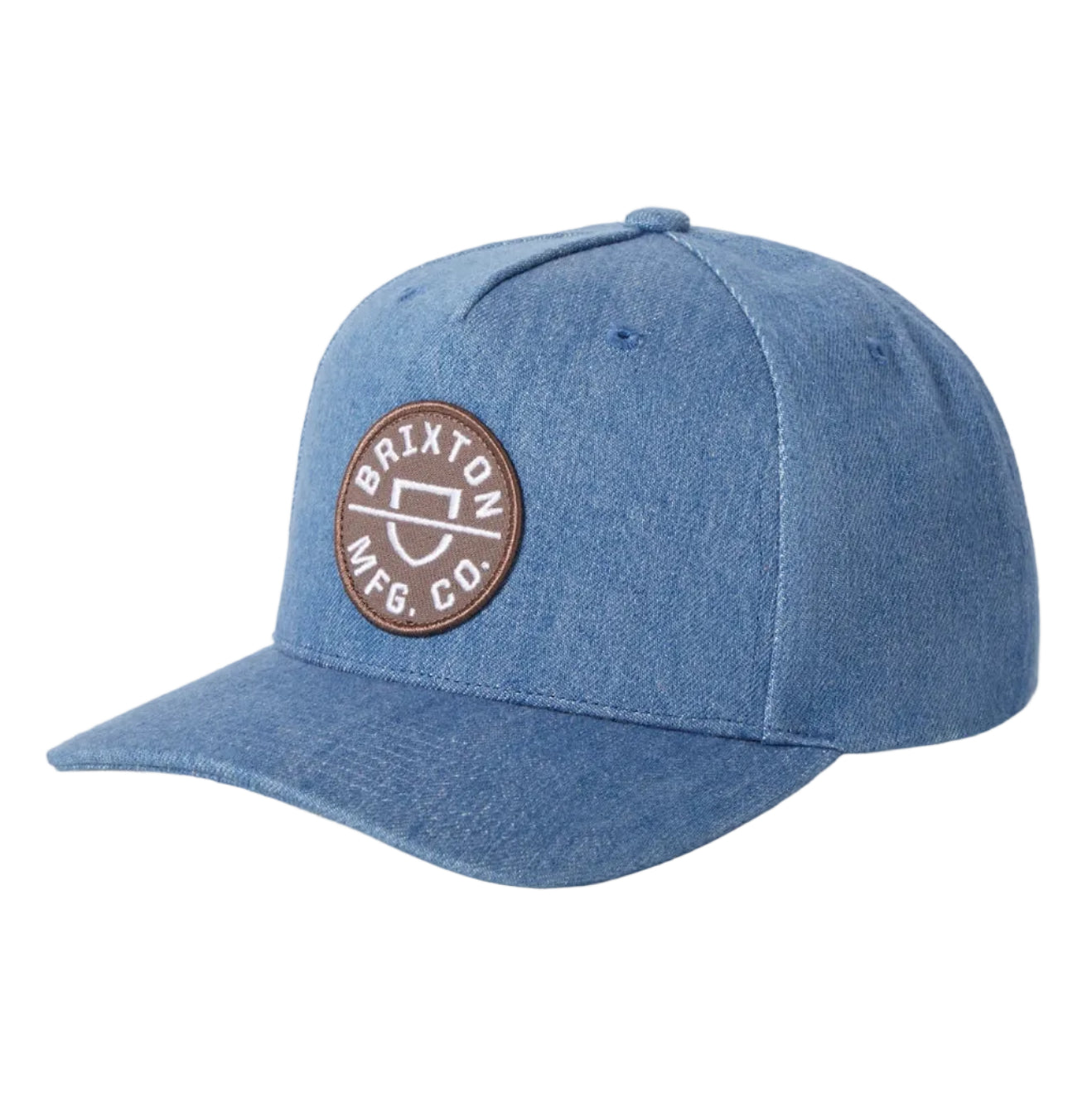 Blue denim cap with a brown logo on a white background