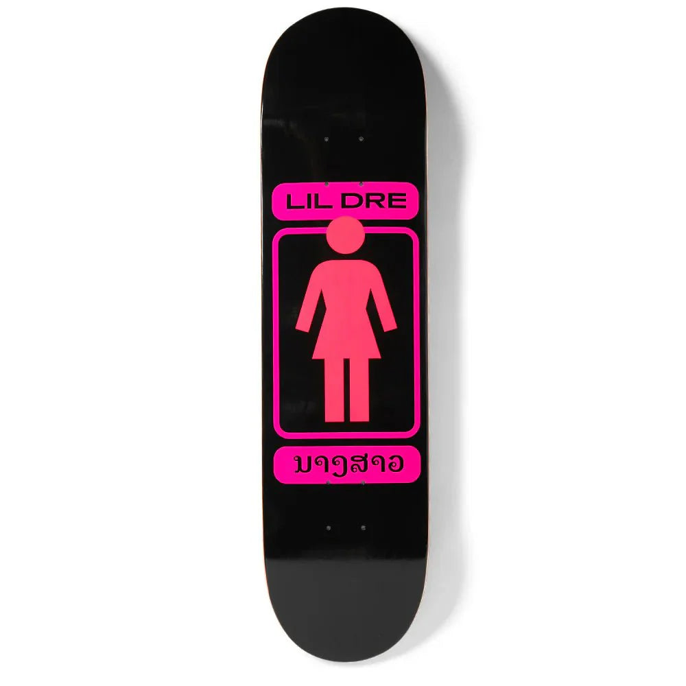 Skateboard deck with pink graphic and text on a black background