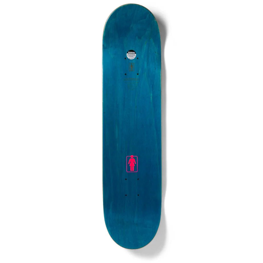 Blue skateboard deck with a pink logo on a white background