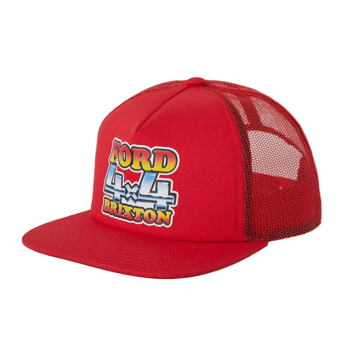 A red trucker hat with a flat brim, red mesh back, and a colorful print that reads "FORD 4X4 BRIXTON"