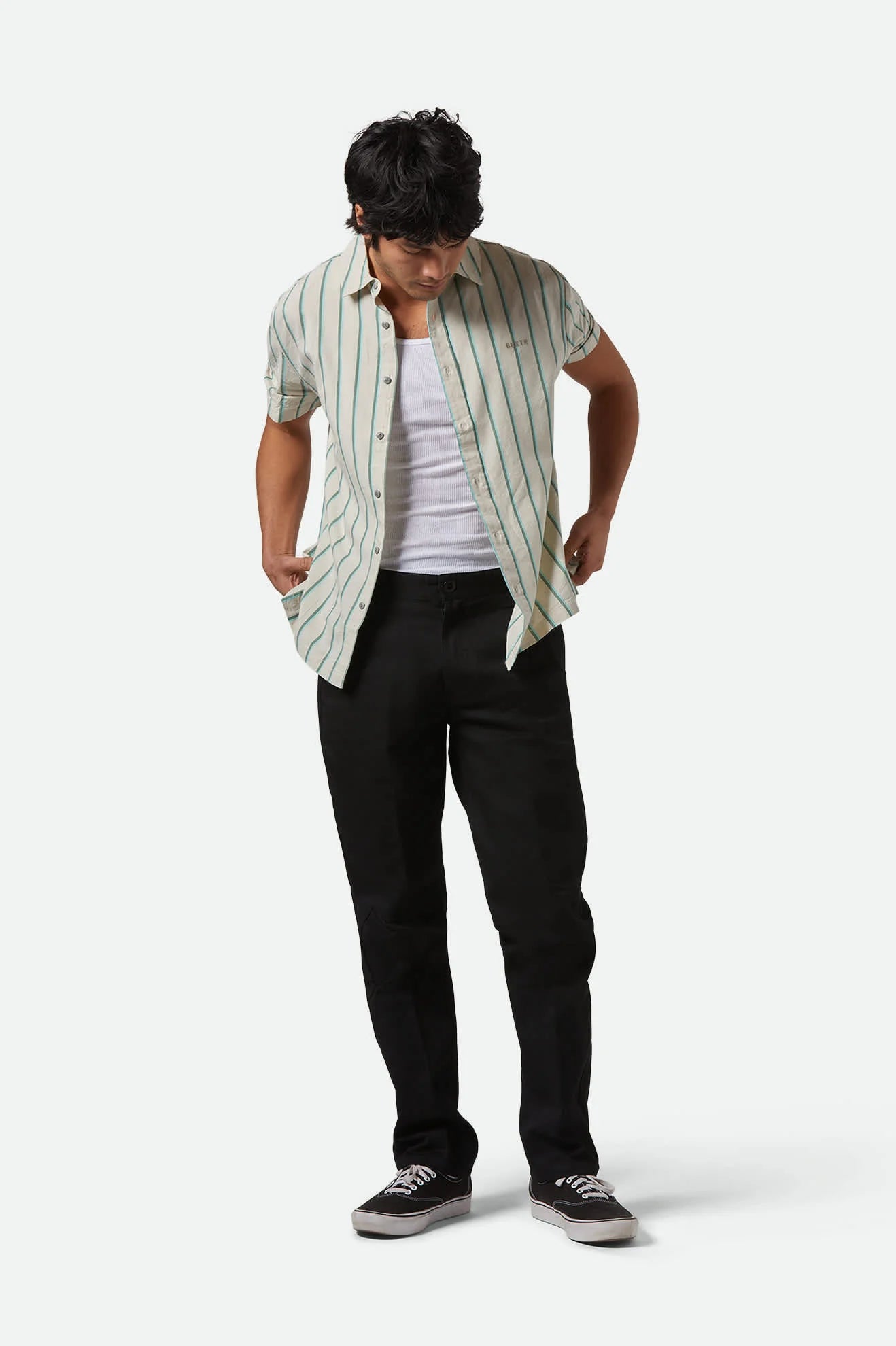 Brixton Cru Stripe S/S Woven - Beige/Pine Needle/Aquatic Green