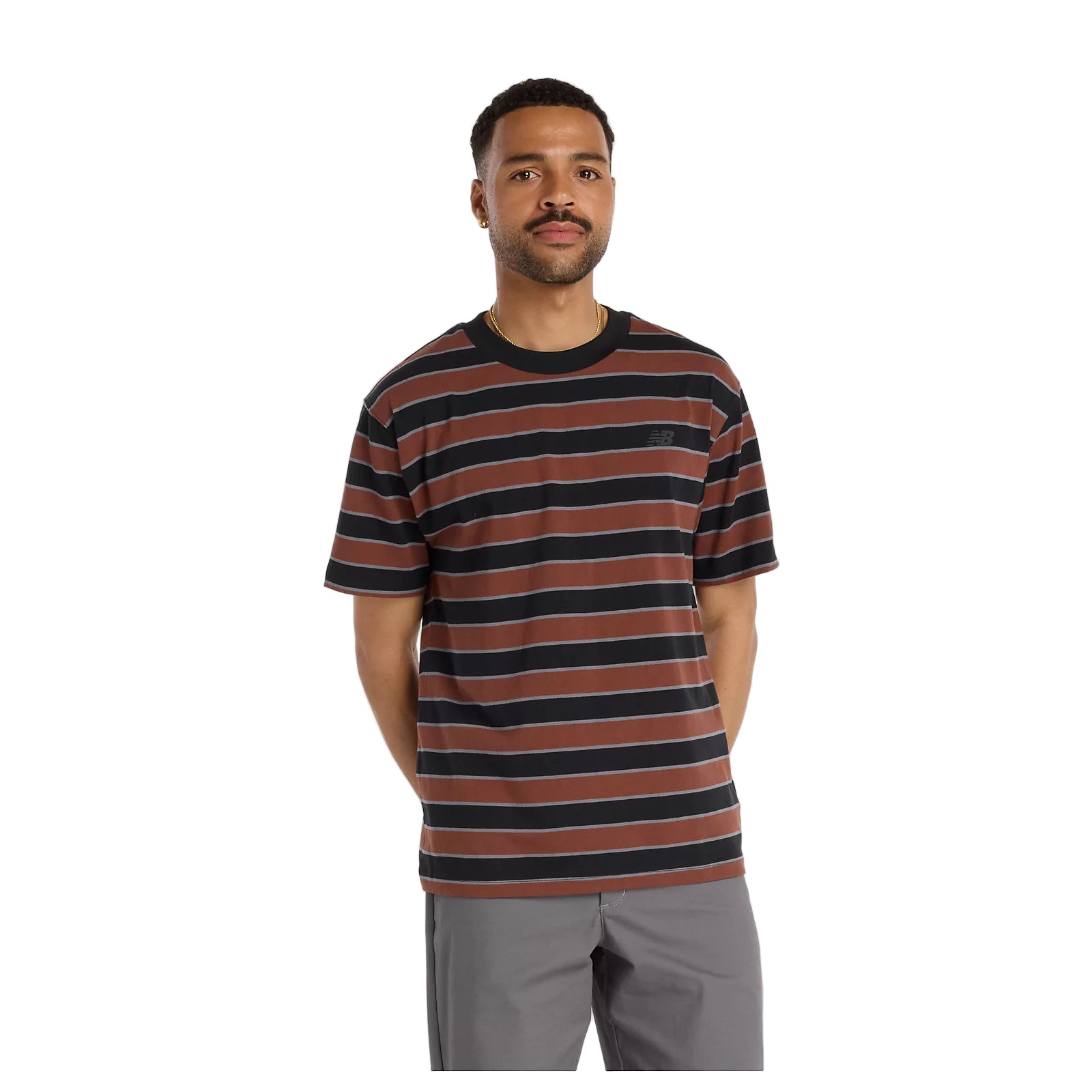 Man wearing a striped t-shirt on a white background