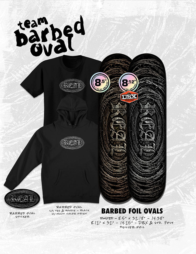 A product collage on a light textured background showing black apparel and foil oval stickers branded Team Barbed Oval. Visible items include a black T-shirt, a black hoodie, two black skateboard decks with large metallic-style oval graphics, and a round sticker.