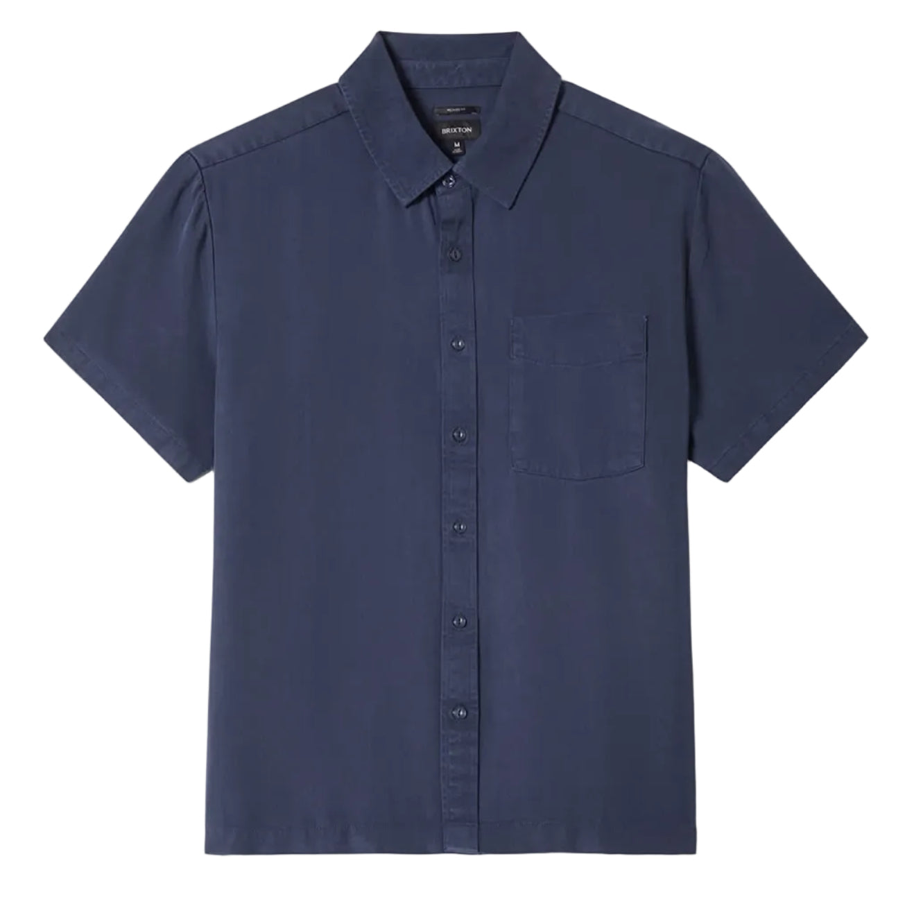 Navy blue short-sleeve shirt on a light gray background