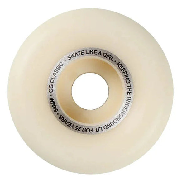 Skateboard wheel with text on a white background