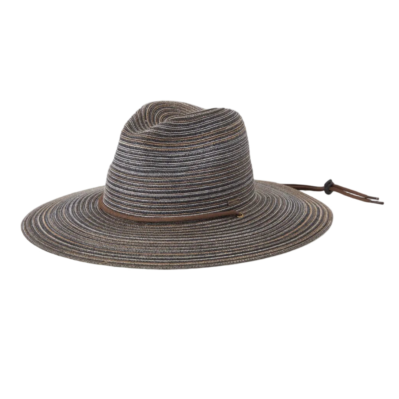 Woven straw hat with a wide brim on a white background