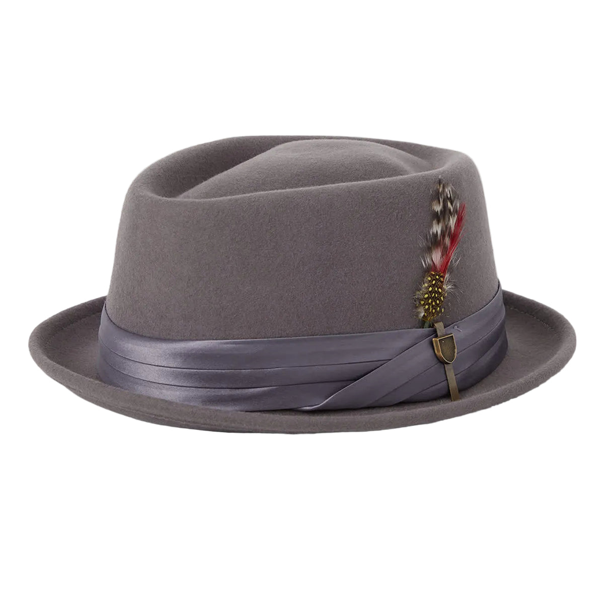 A gray felt fedora hat with a matching gray ribbon band and a decorative feather accent on the side, photographed against a light gray background.