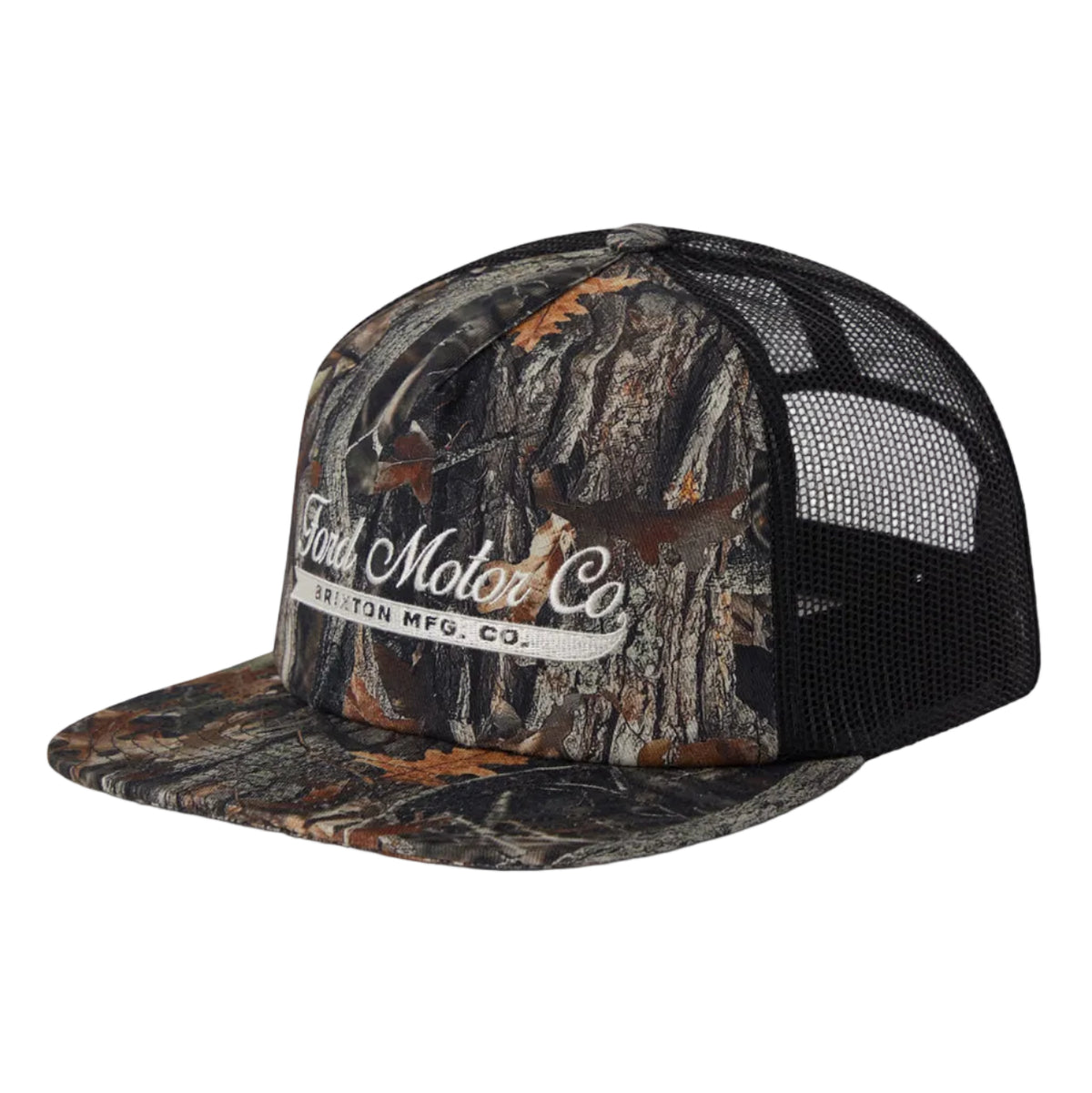 A Ford Motor Co. snapback trucker hat featuring a detailed woodland camouflage pattern on the front panel and brim, with a black mesh back.