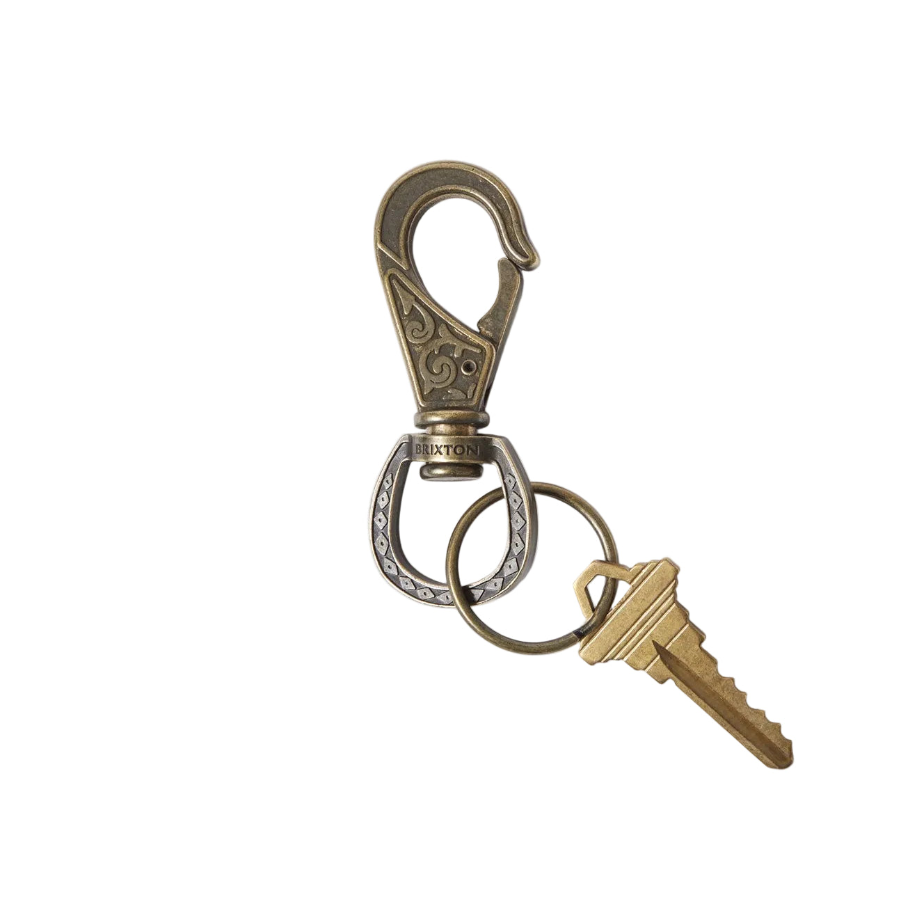 Keychain with a key and decorative clasp on a white background