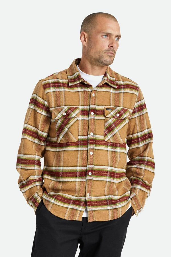 BRIXTON BOWERY L/S FLANNEL - LIGHT BROWN/BURNT HENNA