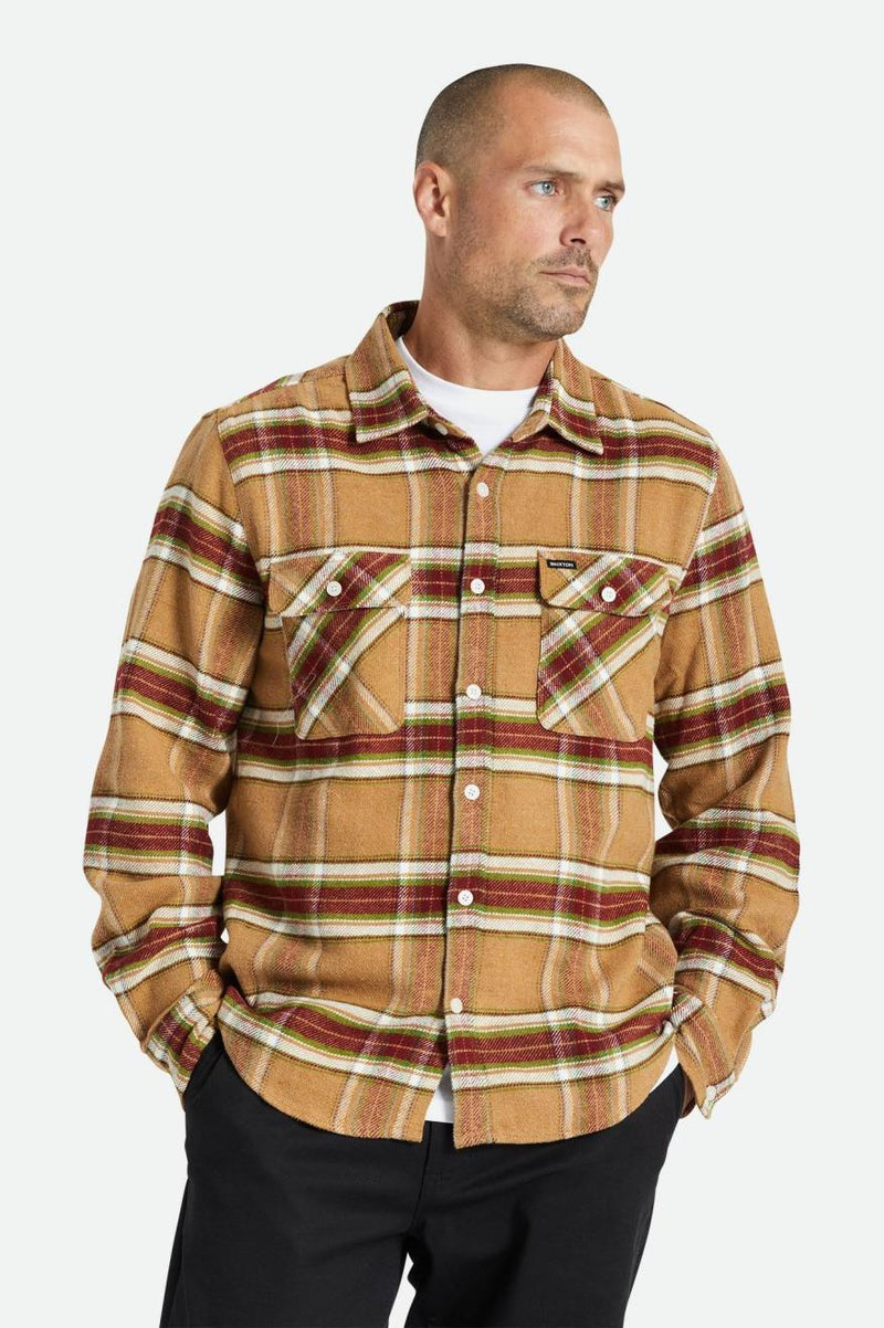 BRIXTON BOWERY L/S FLANNEL - LIGHT BROWN/BURNT HENNA